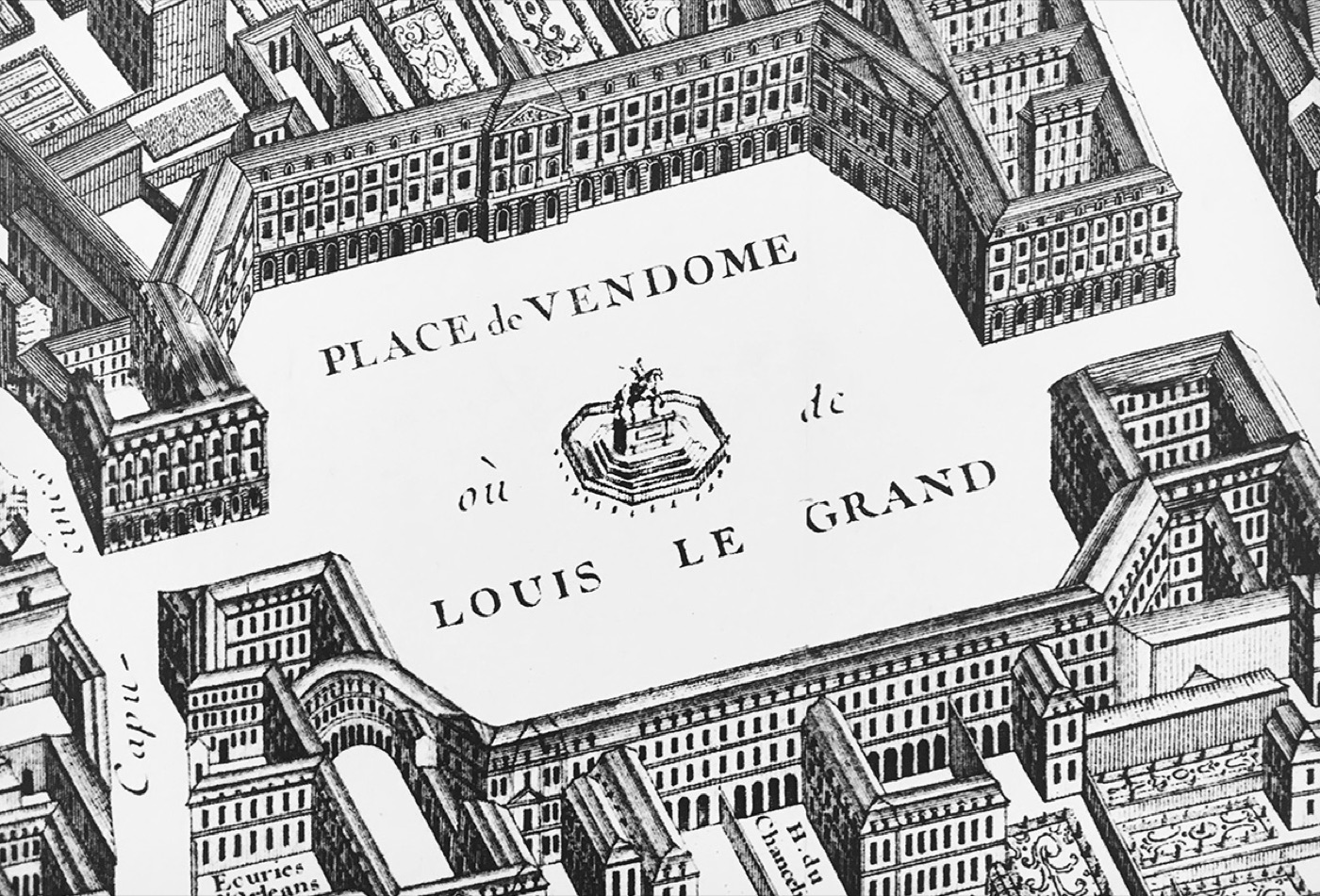 Bird's-eye engraving of the Place Vendôme in Paris, its uniform facades enclosing the square.